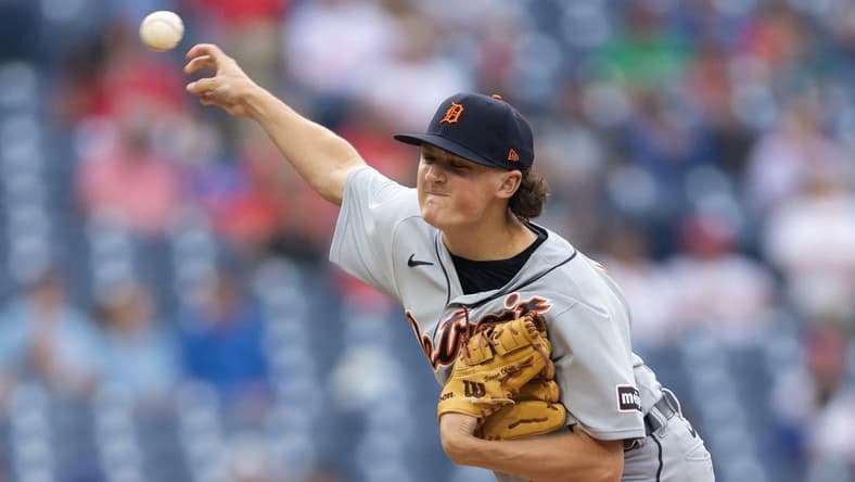 Jun 8, 2023; Philadelphia, Pennsylvania, USA; Detroit Tigers starting pitcher Reese Olson (45) throws a pitch during the second inning against the Philadelphia Phillies at Citizens Bank Park. Mandatory Credit: Bill Streicher-USA TODAY Sports