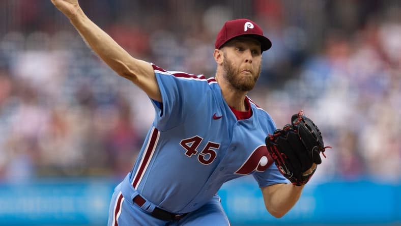 Jun 8, 2023; Philadelphia, Pennsylvania, USA; Philadelphia Phillies starting pitcher Zack Wheeler (45) throws a pitch during the third inning against the Detroit Tigers at Citizens Bank Park. Mandatory Credit: Bill Streicher-USA TODAY Sports