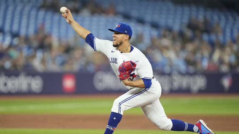 Jun 8, 2023; Toronto, Ontario, CAN; Toronto Blue Jays starting pitcher Jose Berrios (17) pitches to the Houston Astros during the second inning at Rogers Centre. Mandatory Credit: John E. Sokolowski-USA TODAY Sports