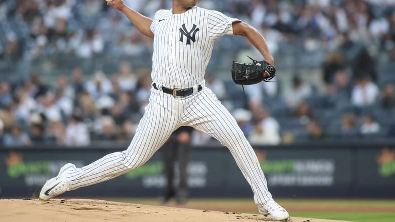 Jun 8, 2023; Bronx, New York, USA; New York Yankees starting pitcher Randy Vasquez pitches in the first inning against the New York Yankees at Yankee Stadium. Mandatory Credit: Wendell Cruz-USA TODAY Sports