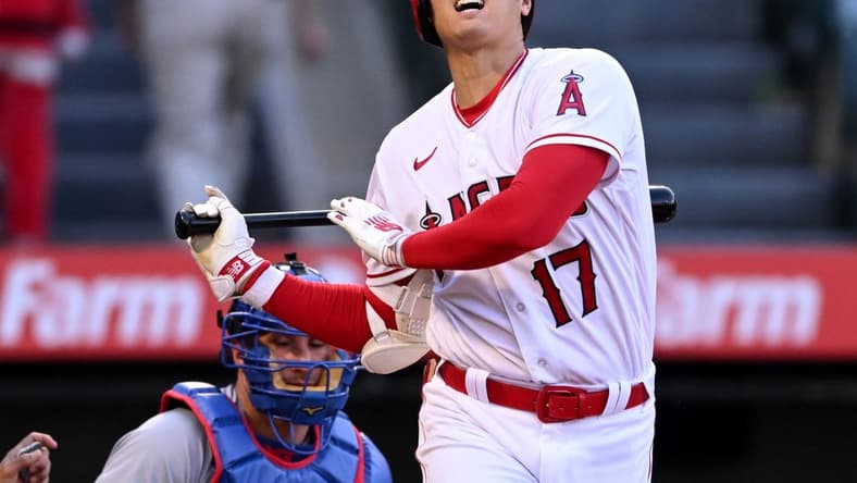 Jun 8, 2023; Anaheim, California, USA; Los Angeles Angels designated hitter Shohei Ohtani (17) reacts after fouling off a ball in the first inning against the Chicago Cubs at Angel Stadium. Mandatory Credit: Jayne Kamin-Oncea-USA TODAY Sports