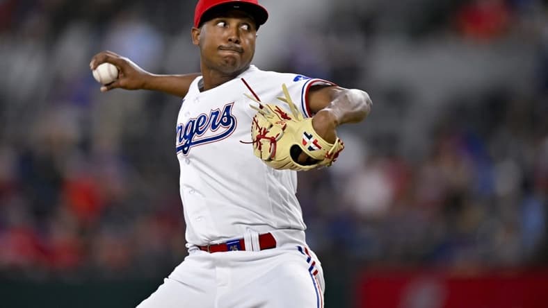 Jun 3, 2023; Arlington, Texas, USA; Texas Rangers relief pitcher Jose Leclerc (25) in action during the game between the Texas Rangers and the Seattle Mariners at Globe Life Field. Mandatory Credit: Jerome Miron-USA TODAY Sports