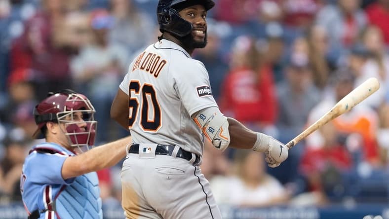 Jun 8, 2023; Philadelphia, Pennsylvania, USA; Detroit Tigers left fielder Akil Baddoo (60) bats against the Philadelphia Phillies at Citizens Bank Park. Mandatory Credit: Bill Streicher-USA TODAY Sports