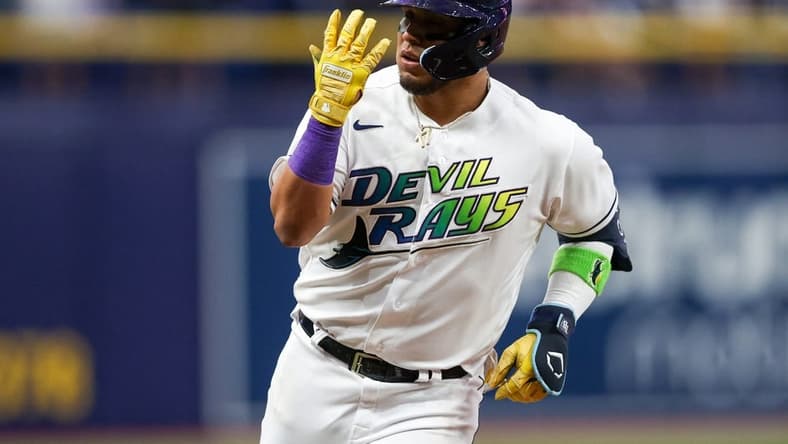 Jun 9, 2023; St. Petersburg, Florida, USA; Tampa Bay Rays third baseman Isaac Paredes (17) runs the bases after hitting a hits a three-run home run against the Texas Rangers in the third inning at Tropicana Field. Mandatory Credit: Nathan Ray Seebeck-USA TODAY Sports