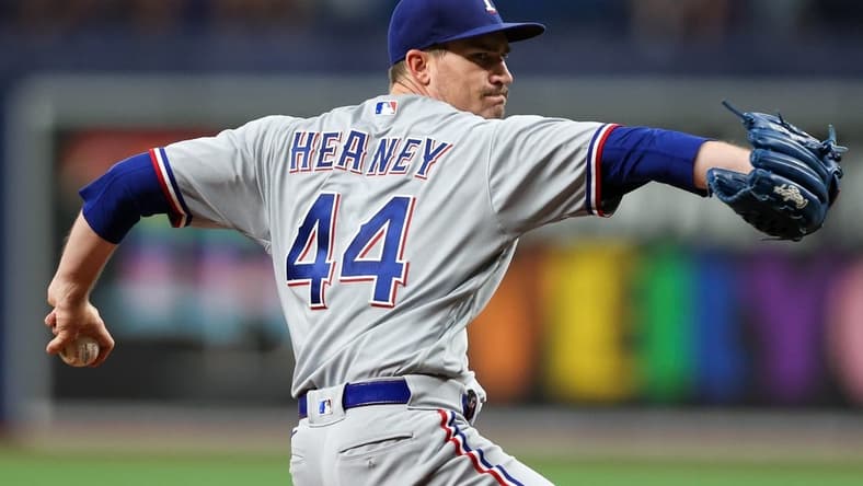 Jun 9, 2023; St. Petersburg, Florida, USA; Texas Rangers starting pitcher Andrew Heaney (44) throws a pitch against the Tampa Bay Rays in the second inning at Tropicana Field. Mandatory Credit: Nathan Ray Seebeck-USA TODAY Sports