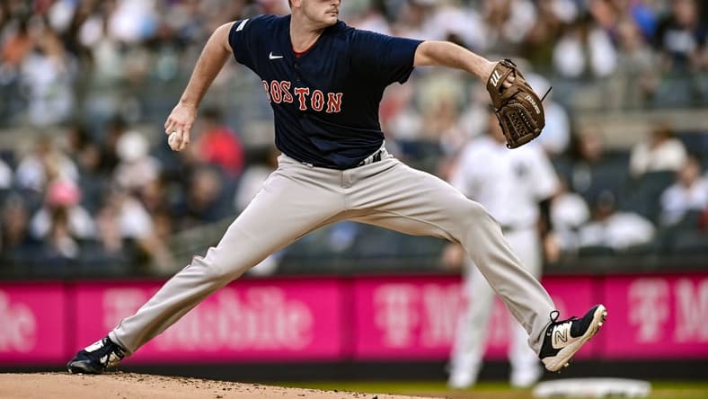 Jun 9, 2023; Bronx, New York, USA; Boston Red Sox starting pitcher Garrett Whitlock (22) pitches against the New York Yankees during the first inning at Yankee Stadium. Mandatory Credit: John Jones-USA TODAY Sports