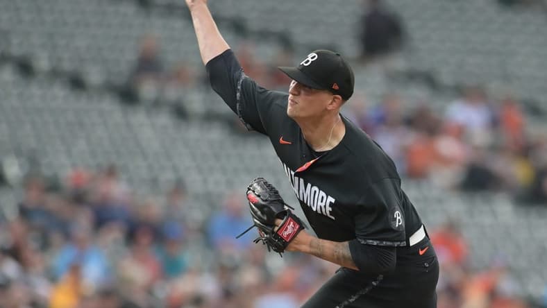 Jun 9, 2023; Baltimore, Maryland, USA;  Baltimore Orioles starting pitcher Tyler Wells (68) throws a first inning pitch Kansas City Royals at Oriole Park at Camden Yards. Mandatory Credit: Tommy Gilligan-USA TODAY Sports
