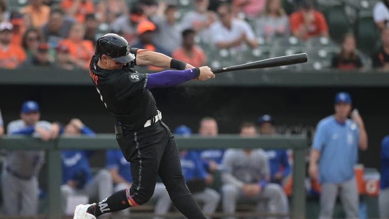 Jun 9, 2023; Baltimore, Maryland, USA; Baltimore Orioles left fielder Austin Hays (21) swings through a first inning solo home run against the Kansas City Royals at Oriole Park at Camden Yards. Mandatory Credit: Tommy Gilligan-USA TODAY Sports