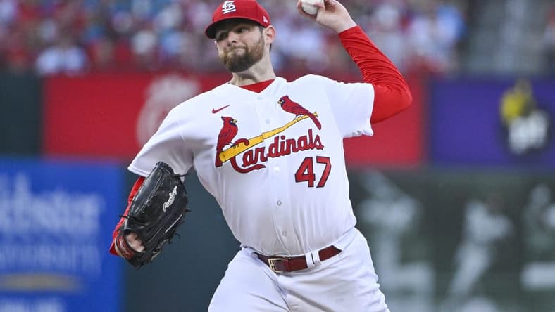 Jun 9, 2023; St. Louis, Missouri, USA; St. Louis Cardinals starting pitcher Jordan Montgomery (47) pitches against the Cincinnati Reds during the first inning at Busch Stadium. Mandatory Credit: Jeff Curry-USA TODAY Sports