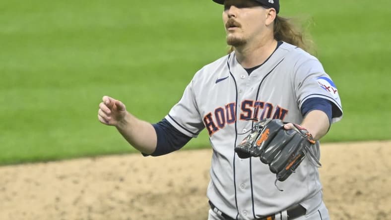 Jun 9, 2023; Cleveland, Ohio, USA; Houston Astros relief pitcher Ryne Stanek (45) reacts in the sixth inning against the Cleveland Guardians at Progressive Field. Mandatory Credit: David Richard-USA TODAY Sports