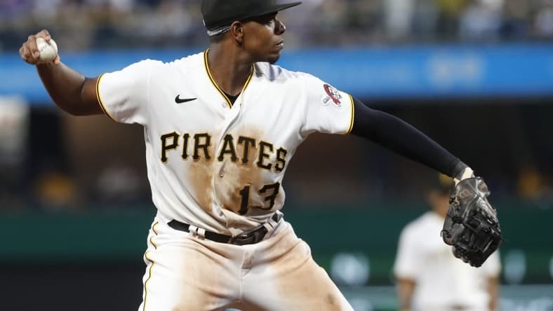 Jun 9, 2023; Pittsburgh, Pennsylvania, USA; Pittsburgh Pirates third baseman Ke'Bryan Hayes (13) throws to first base to retire New York Mets first baseman Mark Canha (not pictured) during the sixth inning at PNC Park. Mandatory Credit: Charles LeClaire-USA TODAY Sports