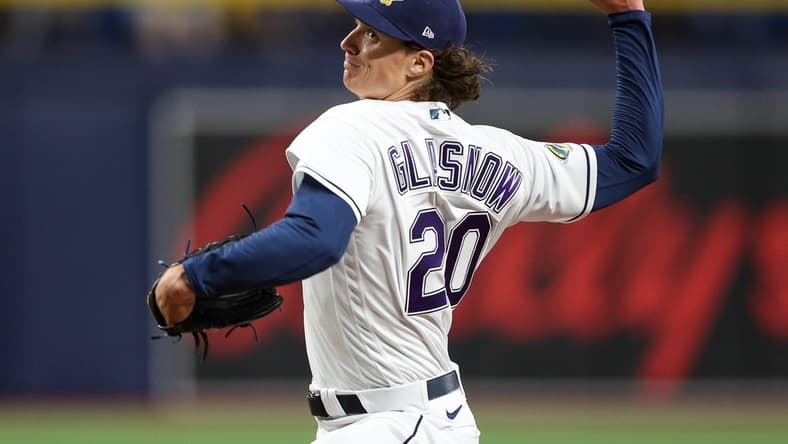 Jun 9, 2023; St. Petersburg, Florida, USA; Tampa Bay Rays starting pitcher Tyler Glasnow (20) throws a pitch against the Texas Rangers in the fifth inning at Tropicana Field. Mandatory Credit: Nathan Ray Seebeck-USA TODAY Sports