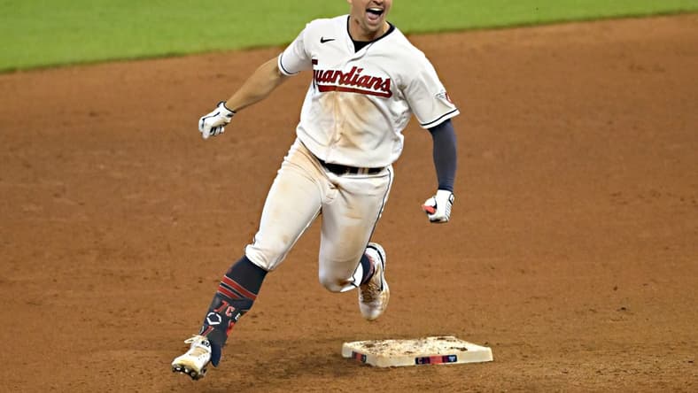 Jun 9, 2023; Cleveland, Ohio, USA; Cleveland Guardians right fielder Will Brennan (17) celebrates his game-winning double in the 14th inning against the Houston Astros at Progressive Field. Mandatory Credit: David Richard-USA TODAY Sports
