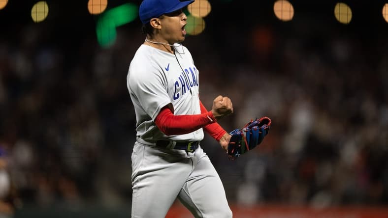 Jun 9, 2023; San Francisco, California, USA; Chicago Cubs pitcher Adbert Alzolay (73) celebrates saving a 3-2 victory over the San Francisco Giants during the ninth inning at Oracle Park. Mandatory Credit: D. Ross Cameron-USA TODAY Sports