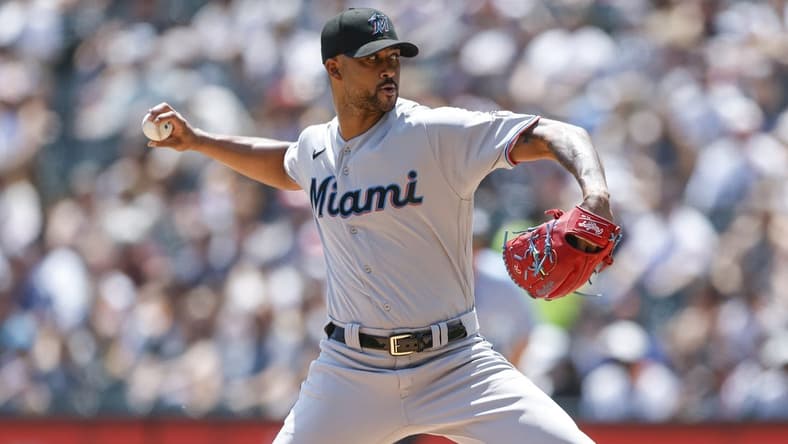 Jun 10, 2023; Chicago, Illinois, USA; Miami Marlins starting pitcher Sandy Alcantara (22) delivers a pitch against the Chicago White Sox during the first inning at Guaranteed Rate Field. Mandatory Credit: Kamil Krzaczynski-USA TODAY Sports