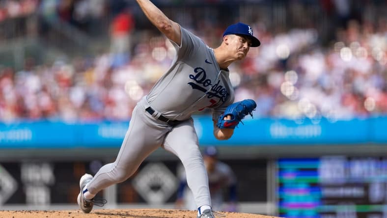 Jun 10, 2023; Philadelphia, Pennsylvania, USA; Los Angeles Dodgers starting pitcher Bobby Miller (70) throws a pitch during the second inning against the Philadelphia Phillies at Citizens Bank Park. Mandatory Credit: Bill Streicher-USA TODAY Sports