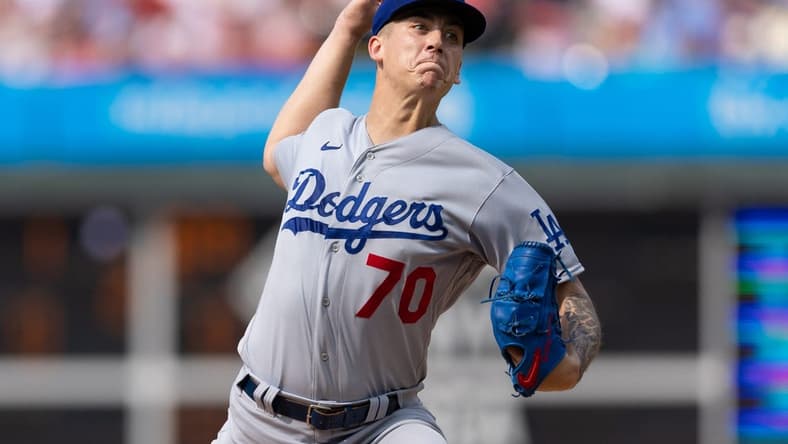 Jun 10, 2023; Philadelphia, Pennsylvania, USA; Los Angeles Dodgers starting pitcher Bobby Miller (70) throws a pitch during the second inning against the Philadelphia Phillies at Citizens Bank Park. Mandatory Credit: Bill Streicher-USA TODAY Sports