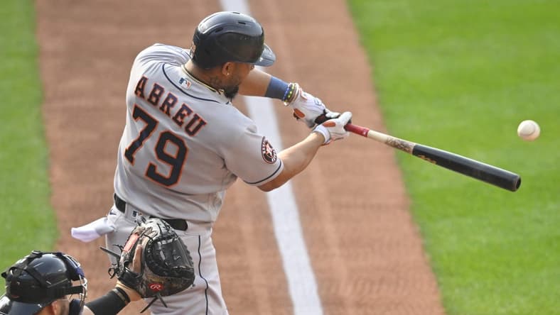Jun 10, 2023; Cleveland, Ohio, USA; Houston Astros first baseman Jose Abreu (79) hits a two-run home run in the first inning against the Cleveland Guardians at Progressive Field. Mandatory Credit: David Richard-USA TODAY Sports