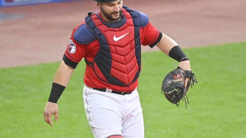 Jun 10, 2023; Cleveland, Ohio, USA; Cleveland Guardians catcher Mike Zunino (10) reacts after a passed ball in the sixth inning against the Houston Astros at Progressive Field. Mandatory Credit: David Richard-USA TODAY Sports