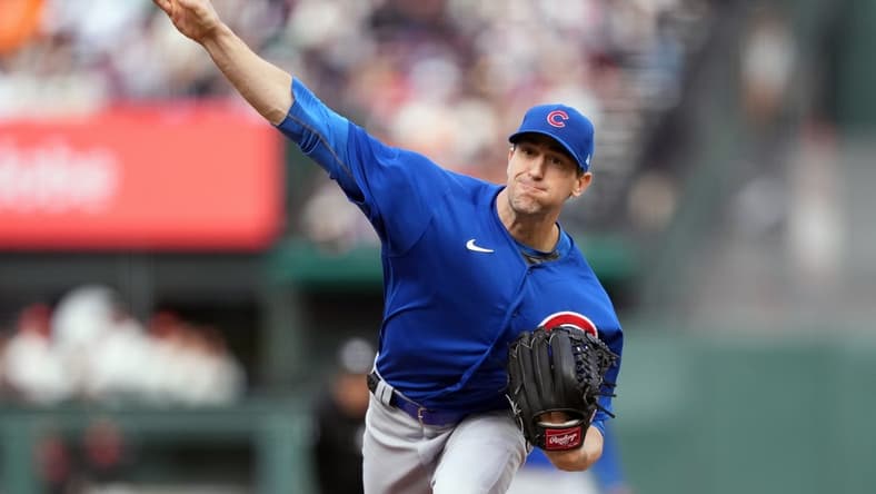 Jun 10, 2023; San Francisco, California, USA; Chicago Cubs starting pitcher Kyle Hendricks (28) throws a pitch against the San Francisco Giants during the sixth inning at Oracle Park. Mandatory Credit: Darren Yamashita-USA TODAY Sports