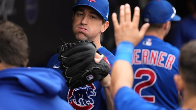 Jun 10, 2023; San Francisco, California, USA; Chicago Cubs starting pitcher Kyle Hendricks (28) is congratulated by teammates at the end of the eighth inning against the San Francisco Giants at Oracle Park. Mandatory Credit: Darren Yamashita-USA TODAY Sports