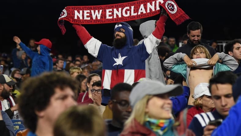 Jun 10, 2023; Foxborough, Massachusetts, USA; Fans of the New England Revolution react against the Inter Miami at Gillette Stadium. Mandatory Credit: Bob DeChiara-USA TODAY Sports