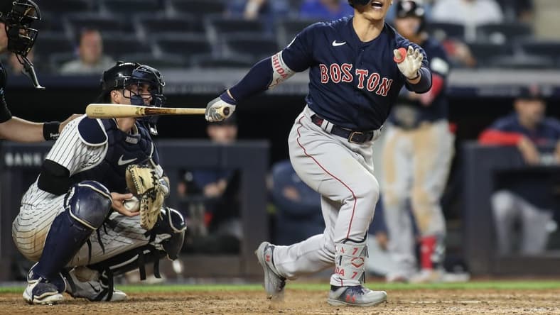 Jun 10, 2023; Bronx, New York, USA; Boston Red Sox left fielder Masataka Yoshida (7) reacts after striking out in the ninth inning against the New York Yankees at Yankee Stadium. Mandatory Credit: Wendell Cruz-USA TODAY Sports
