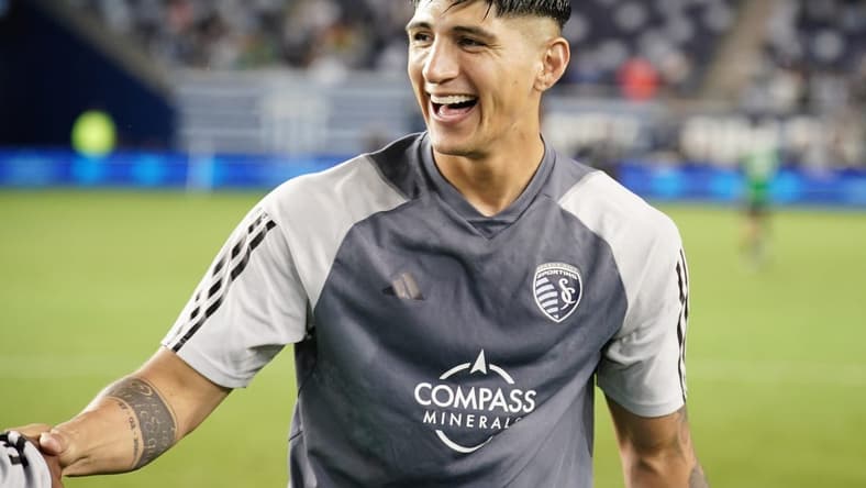 Jun 10, 2023; Kansas City, Kansas, USA; Sporting Kansas City forward Alan Pulido (9) celebrates at the end of the game against the Austin FC at Children's Mercy Park. Mandatory Credit: Denny Medley-USA TODAY Sports