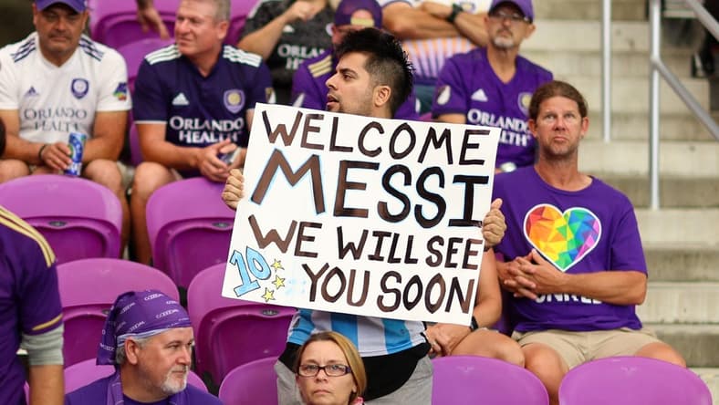 Jun 10, 2023; Orlando, Florida, USA;  fans show support for Lionel Messi before a match featuring Orlando City SC and the Colorado Rapids at Exploria Stadium. Mandatory Credit: Nathan Ray Seebeck-USA TODAY Sports