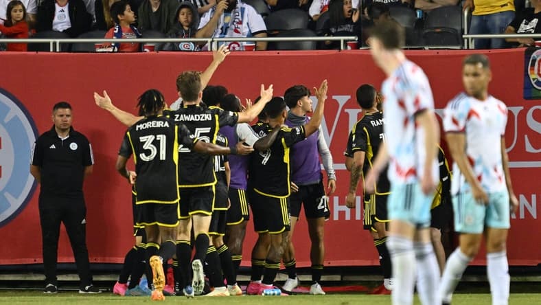 Jun 10, 2023; Chicago, Illinois, USA; Columbus Crew SC forward Cucho Hernandez (9) celebrates his goal with teammates against Chicago Fire during the second half at Soldier Field. Mandatory Credit: Jamie Sabau-USA TODAY Sports