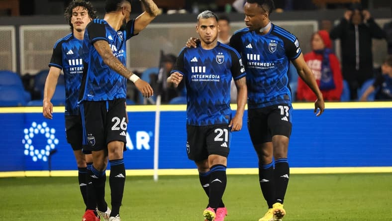 Jun 10, 2023; San Jose, California, USA; San Jose Earthquakes defender Miguel Trauco (21) celebrates with forward Jeremy Ebobisse (11) after a goal against the Philadelphia Union during the second half at PayPal Park. Mandatory Credit: Kelley L Cox-USA TODAY Sports