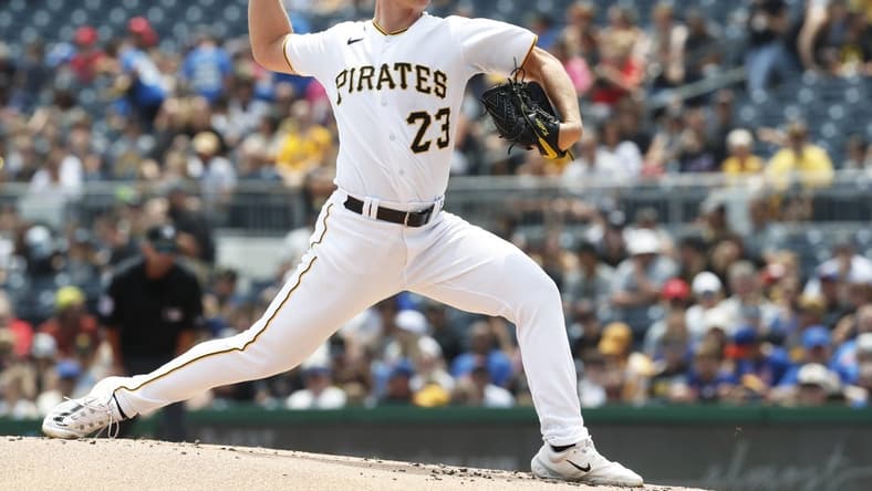 Jun 11, 2023; Pittsburgh, Pennsylvania, USA; Pittsburgh Pirates starting pitcher Mitch Keller (23) delivers a pitch against the New York Mets during the first inning at PNC Park. Mandatory Credit: Charles LeClaire-USA TODAY Sports