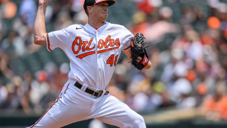Jun 11, 2023; Baltimore, Maryland, USA; Baltimore Orioles starting pitcher Kyle Gibson (48) throws a pitch during the first inning against the Kansas City Royals at Oriole Park at Camden Yards. Mandatory Credit: Reggie Hildred-USA TODAY Sports