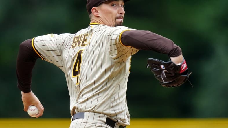 Jun 11, 2023; Denver, Colorado, USA; San Diego Padres starting pitcher Blake Snell (4) delivers a pitch in the first inning against the Colorado Rockies at Coors Field. Mandatory Credit: Ron Chenoy-USA TODAY Sports