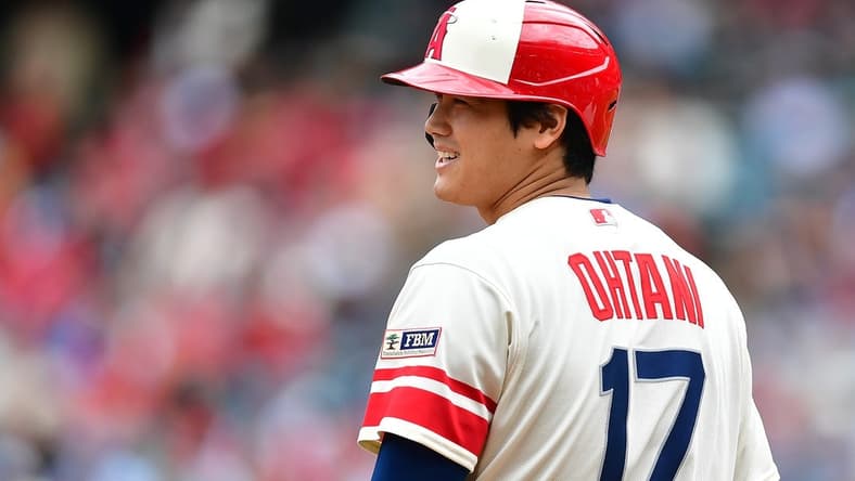 June 11, 2023; Anaheim, California, USA; Los Angeles Angels designated hitter Shohei Ohtani (17) reacts during the third inning at Angel Stadium. Mandatory Credit: Gary A. Vasquez-USA TODAY Sports