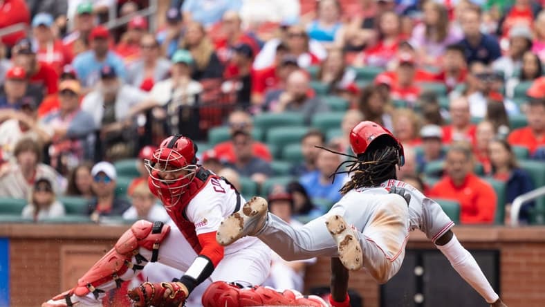 Jun 11, 2023; St. Louis, Missouri, USA; Cincinnati Reds Elly De La Cruz (44) scores against the St. Louis Cardinals at Busch Stadium in the eighth inning. Mandatory Credit: Zach Dalin-USA TODAY Sports