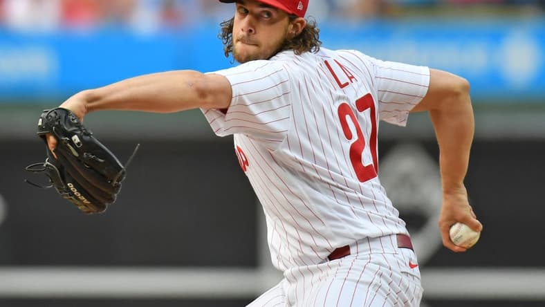 Jun 5, 2023; Philadelphia, Pennsylvania, USA; Philadelphia Phillies starting pitcher Aaron Nola (27) throws a pitch against the Detroit Tigers at Citizens Bank Park. Mandatory Credit: Eric Hartline-USA TODAY Sports