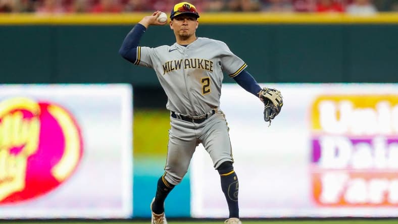 Jun 5, 2023; Cincinnati, Ohio, USA; Milwaukee Brewers third baseman Luis Urias (2) throws to first in the sixth inning at Great American Ball Park. Mandatory Credit: Katie Stratman-USA TODAY Sports