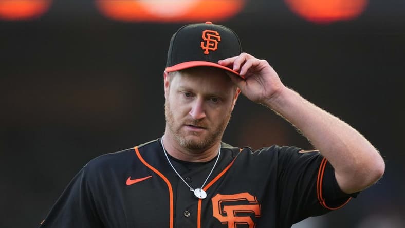 Jun 3, 2023; San Francisco, California, USA; San Francisco Giants starting pitcher Alex Cobb (38) walks to the dugout during the first inning against the Baltimore Orioles at Oracle Park. Mandatory Credit: Darren Yamashita-USA TODAY Sports