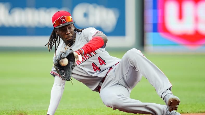 Jun 12, 2023; Kansas City, Missouri, USA; Cincinnati Reds third baseman Elly De La Cruz (44) fields a ground ball during the first inning against the Kansas City Royals at Kauffman Stadium. Mandatory Credit: Jay Biggerstaff-USA TODAY Sports