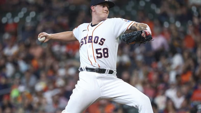 Jun 13, 2023; Houston, Texas, USA; Houston Astros starting pitcher Hunter Brown (58) delivers a pitch during the first inning against the Washington Nationals at Minute Maid Park. Mandatory Credit: Troy Taormina-USA TODAY Sports