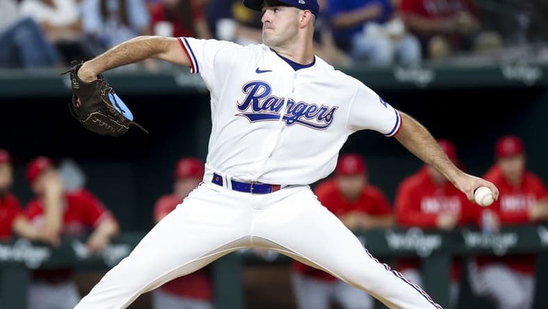 Jun 13, 2023; Arlington, Texas, USA; Texas Rangers starting pitcher Cody Bradford (61) throws during the first inning against the Los Angeles Angels at Globe Life Field. Mandatory Credit: Kevin Jairaj-USA TODAY Sports