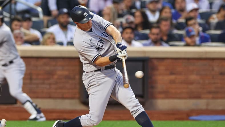 Jun 13, 2023; New York City, New York, USA; New York Yankees third baseman DJ LeMahieu (26) hits a two run home run during the fourth inning against the New York Mets at Citi Field. Mandatory Credit: Vincent Carchietta-USA TODAY Sports
