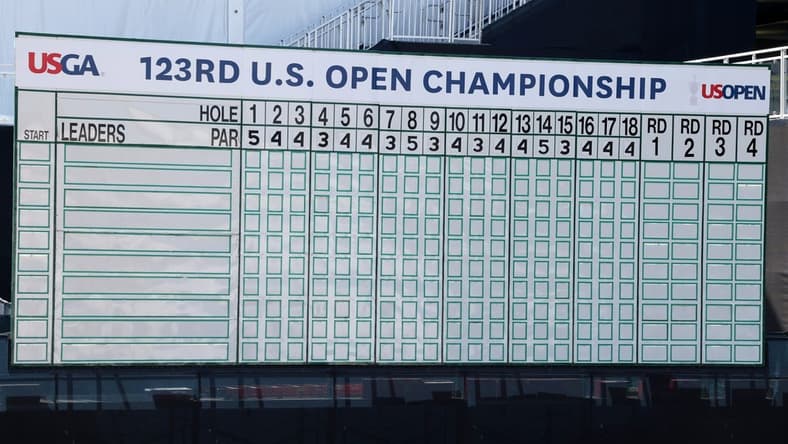 Jun 13, 2023; Los Angeles, California, USA; A detailed view of a leader board during a practice round of the U.S. Open golf tournament at Los Angeles Country Club. Mandatory Credit: Kiyoshi Mio-USA TODAY Sports
