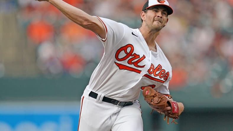 Jun 13, 2023; Baltimore, Maryland, USA; Baltimore Orioles starting pitcher Dean Kremer (64) delivers a pitch in the first inning against the Toronto Blue Jays at Oriole Park at Camden Yards. Mandatory Credit: Mitch Stringer-USA TODAY Sports