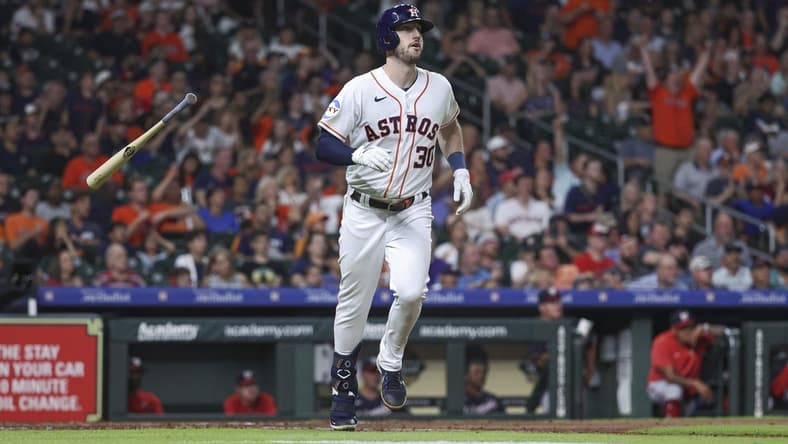 Jun 13, 2023; Houston, Texas, USA; Houston Astros right fielder Kyle Tucker (30) tosses his bat after hitting a home run during the fifth inning against the Washington Nationals at Minute Maid Park. Mandatory Credit: Troy Taormina-USA TODAY Sports