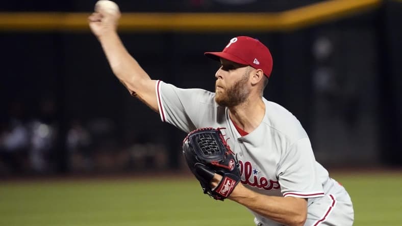 Jun 13, 2023; Phoenix, Arizona, USA; Philadelphia Phillies starting pitcher Zack Wheeler (45) pitches against the Arizona Diamondbacks during the first inning at Chase Field. Mandatory Credit: Joe Camporeale-USA TODAY Sports
