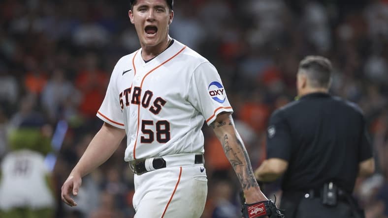 Jun 13, 2023; Houston, Texas, USA; Houston Astros starting pitcher Hunter Brown (58) shouts after a play during the seventh inning against the Washington Nationals at Minute Maid Park. Mandatory Credit: Troy Taormina-USA TODAY Sports
