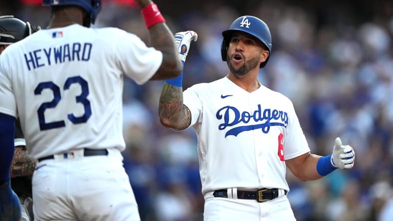 Jun 13, 2023; Los Angeles, California, USA; Los Angeles Dodgers left fielder David Peralta (6) celebrates after hitting a two-run home run in the first inning against the Chicago White Sox at Dodger Stadium. Mandatory Credit: Kirby Lee-USA TODAY Sports