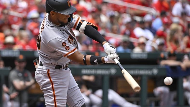 Jun 14, 2023; St. Louis, Missouri, USA; San Francisco Giants center fielder Luis Matos (29) bats in his Major League debut against the St. Louis Cardinals during the sixth inning at Busch Stadium. Mandatory Credit: Jeff Curry-USA TODAY Sports